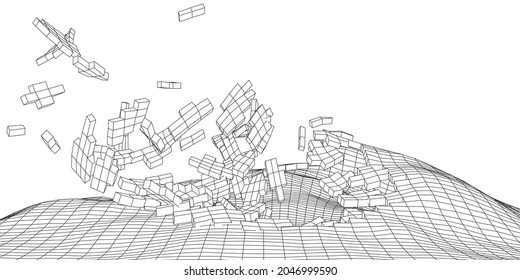 Digital Wireframe Landscape. Wireframe Terrain Polygon Landscape Design. Digital Cyberspace In Mountains With Valleys. Vector Illustration.