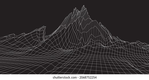 Panorama digital de wireframe. Diseño paisajístico de polígono de alambre. Ciberespacio digital en montañas con valles. Ilustración vectorial.