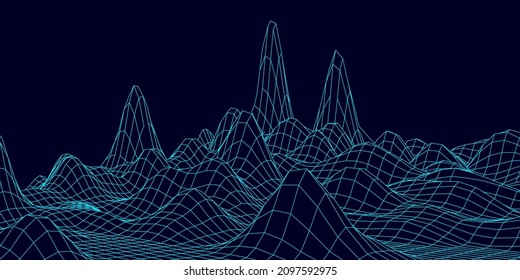 Digital wireframe landscape. Wireframe terrain polygon landscape design. Digital cyberspace in mountains with valleys. Vector illustration.