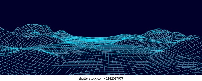 Panorama digital de wireframe. Diseño paisajístico de polígono de alambre. Ciberespacio digital en montañas con valles. Ilustración vectorial.