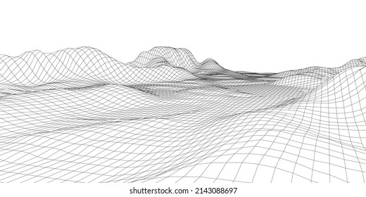 Digital wireframe landscape. Wireframe terrain polygon landscape design. Digital cyberspace in mountains with valleys. Vector illustration.