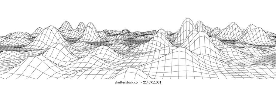 Digital wireframe landscape. Wireframe terrain polygon landscape design. Digital cyberspace in mountains with valleys. Vector illustration.