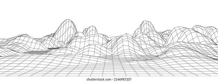 Digital wireframe landscape. Wireframe terrain polygon landscape design. Digital cyberspace in mountains with valleys. Vector illustration.