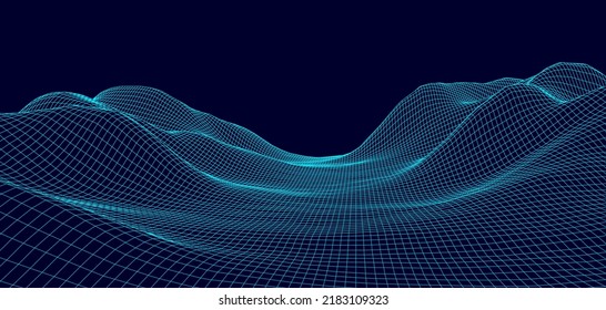 Panorama digital de wireframe. Diseño paisajístico de polígono de alambre. Ciberespacio digital en montañas con valles. Ilustración vectorial.