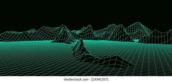  Digital Wireframe Landscape. Wireframe Terrain Polygon Landscape Design. Digital Cyberspace In Mountains With Valleys. Vector Illustration.