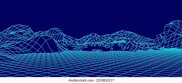 Digital wireframe landscape. Wireframe terrain polygon landscape design. Digital cyberspace in mountains with valleys. Vector illustration.