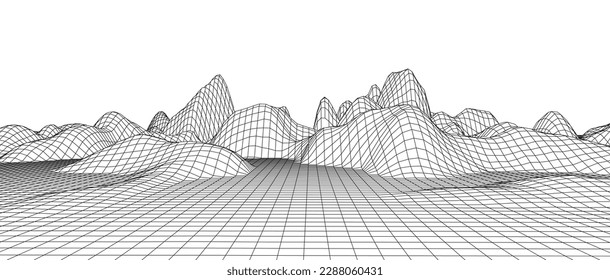 Digital wireframe landscape. Wireframe terrain polygon landscape design. Digital cyberspace in mountains with valleys. Vector illustration.