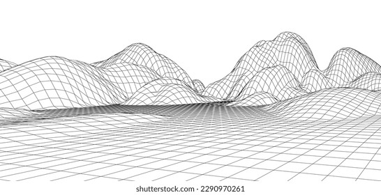 Digital wireframe landscape. Wireframe terrain polygon landscape design. Digital cyberspace in mountains with valleys. Vector illustration.