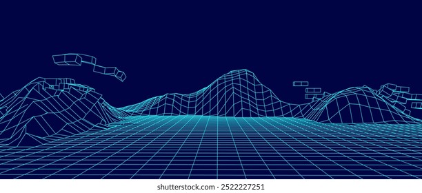 Panorama de estructura de alambre digital. Diseño de paisaje de polígono de terreno de alambre. Ciberespacio digital en montañas con valles. Ilustración vectorial.