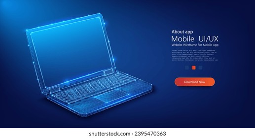 Digital Wireframe Laptop Concept with Glowing Edges on Dark Background. Low poly vector illustration of a starry sky style. Notebook mockup. Vector illustration