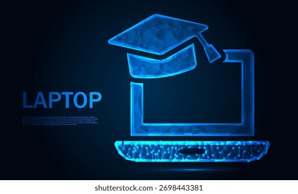 Conceito de notebook Digital Wireframe com bordas brilhantes no fundo escuro. Conexão da linha frontal do notebook. Resumo geométrico. Computador em um estilo poligonal futurista com um esqueleto 3D