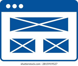 A digital wireframe layout of a web browser window featuring placeholder image boxes marked with crosses.