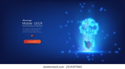 Uma lâmpada digital wireframe feita de peças de quebra-cabeça, brilhando em azul. Este conceito futurista ilustra inovação, solução de problemas e o processo de geração de novas ideias, perfeitas para a tecnologia