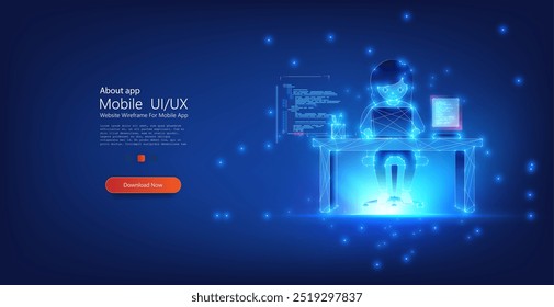 Digital wireframe of a person coding at a desk with a laptop. The glowing blue wireframe highlights coding, technology, and digital creativity, ideal for programming and software development themes