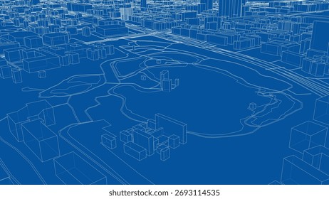 A digital wireframe rendering of a cityscape with buildings and roads outlined in white on a blue background, showcasing an urban layout. The vector was rendered using a 3d model. 3D Illustration