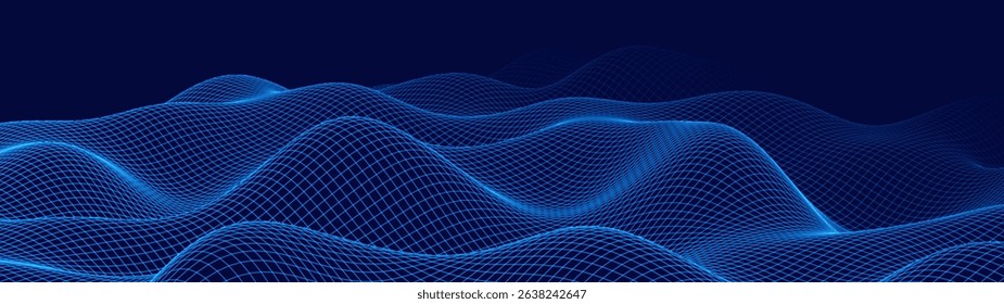 Digital Wireframe Wave Landscape on Blue Background, Futuristic Terrain Mesh With Smooth Grid Valleys and Hills, Abstract Technology Cyberspace, Vector Illustration.