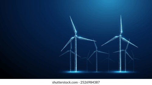 Digital wireframe wind turbines standing in several rows. Renewable energy, sustainability, clean technology, green energy concept. Alternative source of energy. Low poly wireframe structure. Vector.