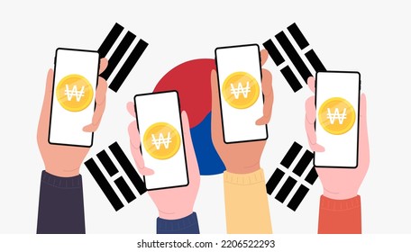 Digital Won currency coins on South Korea flag background. Central Bank Digital Currency (CBDC) concept banner background.