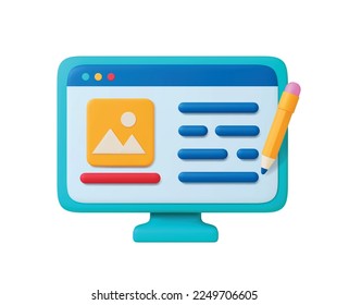 Digital work 3d office icon. Design app, computer monitor, file and pencil. Creative development, designer application or image service vector concept