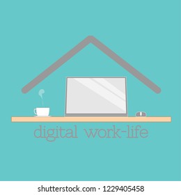 Digital work life, work from home or freelance vector concept with blue background