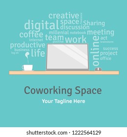 Digital work office theme vector/ co-working space. Working on computer concept theme, with cloud text/ words on the background