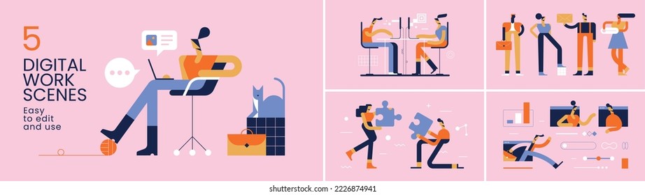 Digital work set. Teamwork concept scenes. Business people set. Corporate illustrations. Flat vector illustration for web. Teleworkers, telecommuters. Trendy minimalist modern design characters.