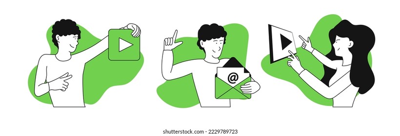 Digital work set vector illustration concept. Business technology communication and online network marketing. Social management and character connection data. Brainstorming scene bundle
