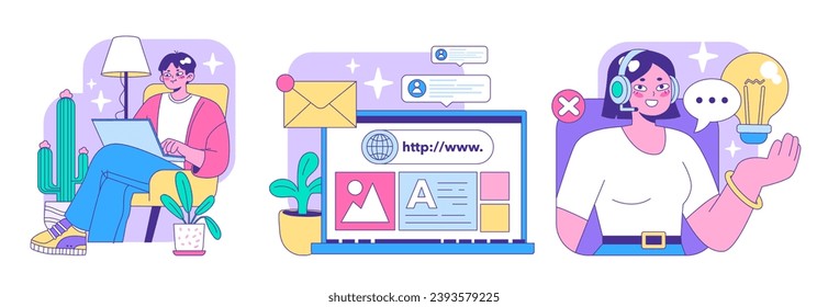 Digital Workday set. Man multitasking at home, interactive website interface, and woman brainstorming with light bulb. Flat vector illustration.
