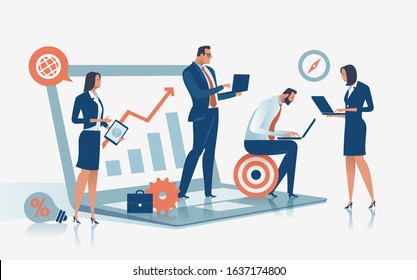 Digital workers. Business team with notebooks and tablets. Concept vector illustration.