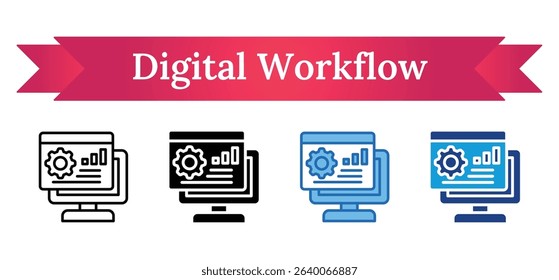 Digital Workflow Multi Style Icon - Gear and charts on a monitor representing efficient online systems and automation