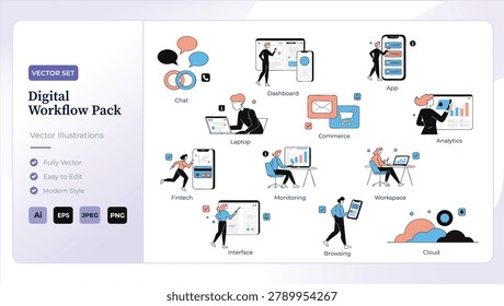 Digital workflow pack with illustrations for app, analytics, and cloud concepts