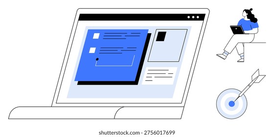 Digital workflows, online communication, project management, productivity, remote work, goal setting. Laptop screen with user interface, person with a laptop target with an arrow. Remote work