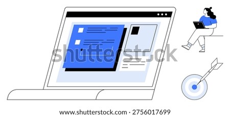 Digital workflows, online communication, project management, productivity, remote work, goal setting. Laptop screen with user interface, person with a laptop target with an arrow. Remote work