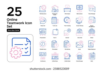 Digital Workplace and Remote Job Market. Freelancing, Online Teams, and Business Flexibility. Vector Illustration. Oultine duo tone icon set