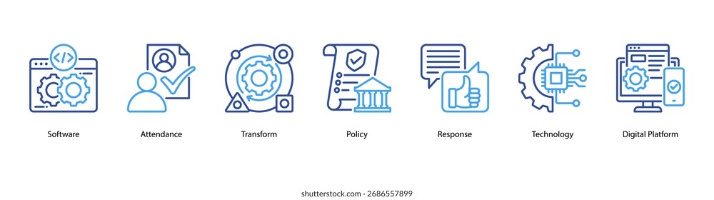 Ilustración vectorial de íconos de Anuncio de Web digital en el lugar de trabajo con software, asistencia, transformación, política, respuesta, Tecnología y plataforma digital.