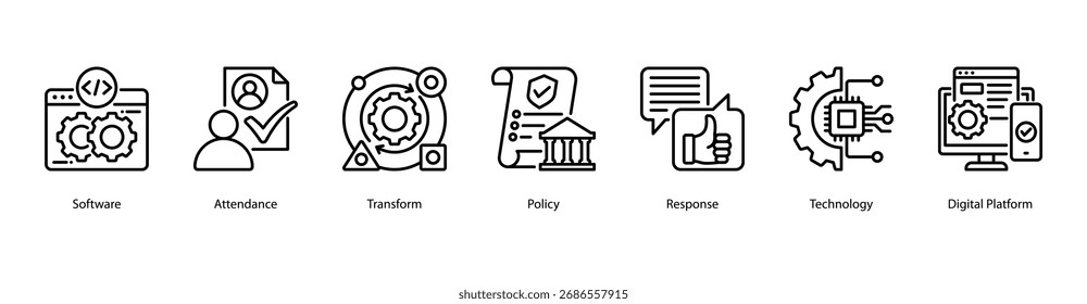 Webbanner-Vektorgrafik für den digitalen Arbeitsplatz mit Software, Teilnahme, Transformation, Richtlinien, Reaktion, Technologie und digitaler Plattform.