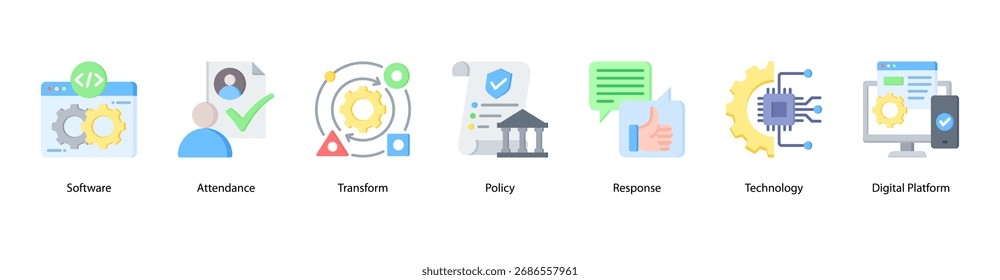 Ilustración vectorial de íconos de Anuncio de Web digital en el lugar de trabajo con software, asistencia, transformación, política, respuesta, Tecnología y plataforma digital.