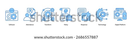 Digital Workplace web banner icon vector illustration featuring Software, Attendance, Transform, Policy, Response, Technology, and Digital Platform.