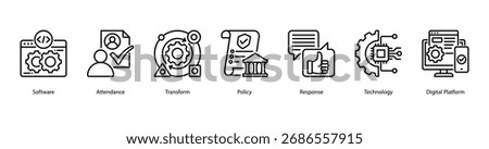 Digital Workplace web banner icon vector illustration featuring Software, Attendance, Transform, Policy, Response, Technology, and Digital Platform.