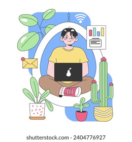 Digital workspace ambiance. A focused man with laptop amid floating plants, Wi-Fi signal, email, and analytics chart. Refreshing online work vibe. Flat vector illustration.