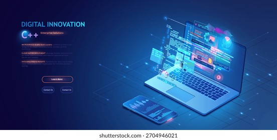 Concepto de espacio de trabajo digital con portátil, teléfono móvil y Elementos de datos isométricos brillantes. Aplicación de Smartphone con gráfico de negocios y datos de análisis en teléfono móvil isométrico. Análisis de tendencias 