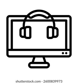 Digital workspace concept with a line drawing of a computer monitor and headphones suitable for technology and multimedia graphic designs.