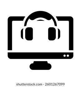 Digital workspace concept with a line drawing of a computer monitor and headphones suitable for technology and multimedia graphic designs.