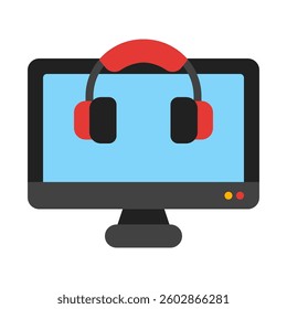 Digital workspace concept with a line drawing of a computer monitor and headphones suitable for technology and multimedia graphic designs.