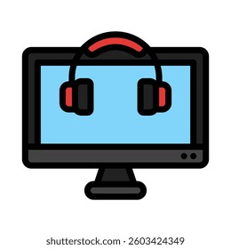 Digital workspace concept with a line drawing of a computer monitor and headphones suitable for technology and multimedia graphic designs.