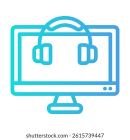 Digital workspace concept with a line drawing of a computer monitor and headphones suitable for technology and multimedia graphic designs.