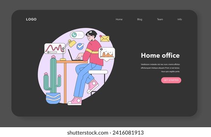 Digital workspace concept. Man analyzes data on computer, surrounded by task reminders and charts. Modern home office setting with cactus decor. Efficient work routine. Flat vector illustration