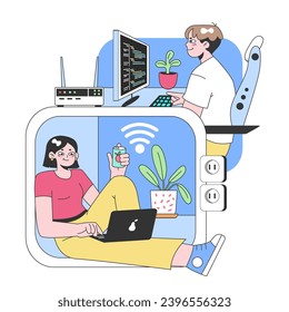 Digital workspace concept. Two professionals collaborating in a tech-enriched environment, surrounded by wireless signals, coding, and plants. Flat vector illustration