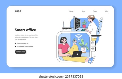 Digital workspace concept. Two professionals collaborating in a tech-enriched environment, surrounded by wireless signals, coding, and plants. Flat vector illustration