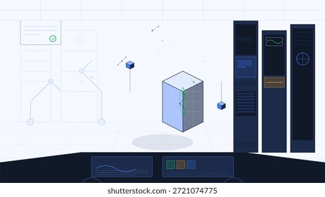 Un espacio de trabajo digital muestra un modelo 3D de un cubo de datos que se analiza con gráficos y gráficos. Los puntos de datos y varias herramientas de análisis están presentes en la pantalla.